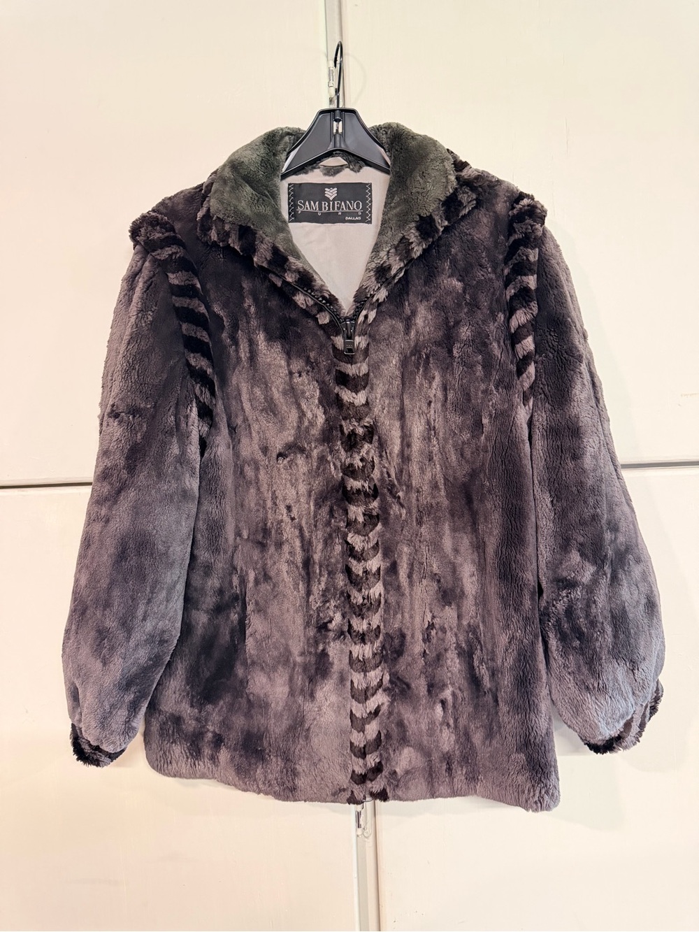 Vintage Sam Bifano Dallas Dyed Sheared Beaver Fur Jacket Gray Chevron Trim Coat